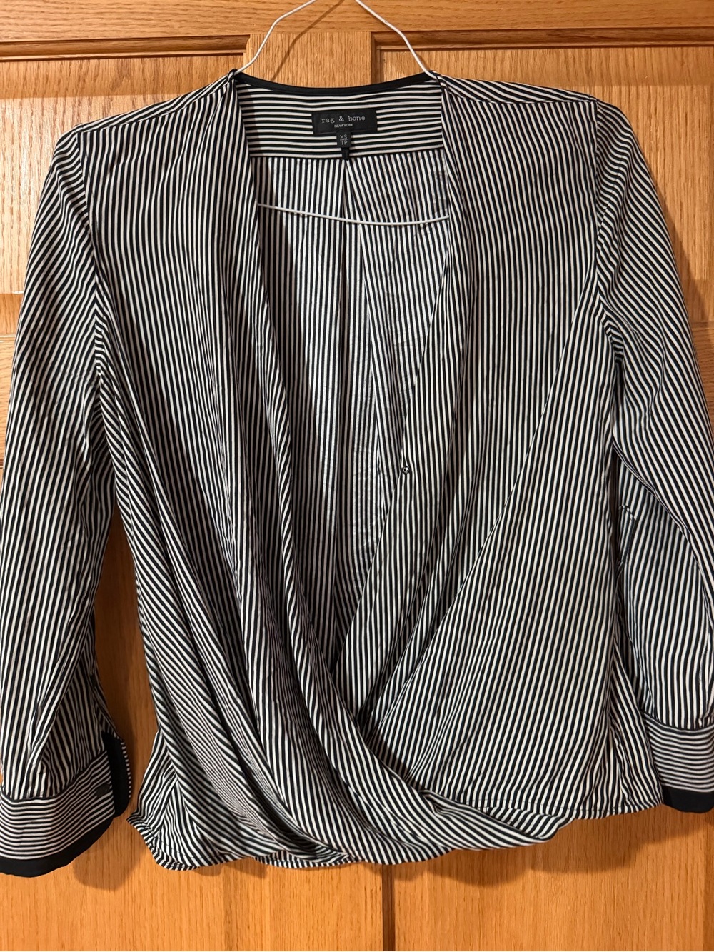 rag & bone Victor Striped 100% Silk Faux Wrap Blouse Black White size xs